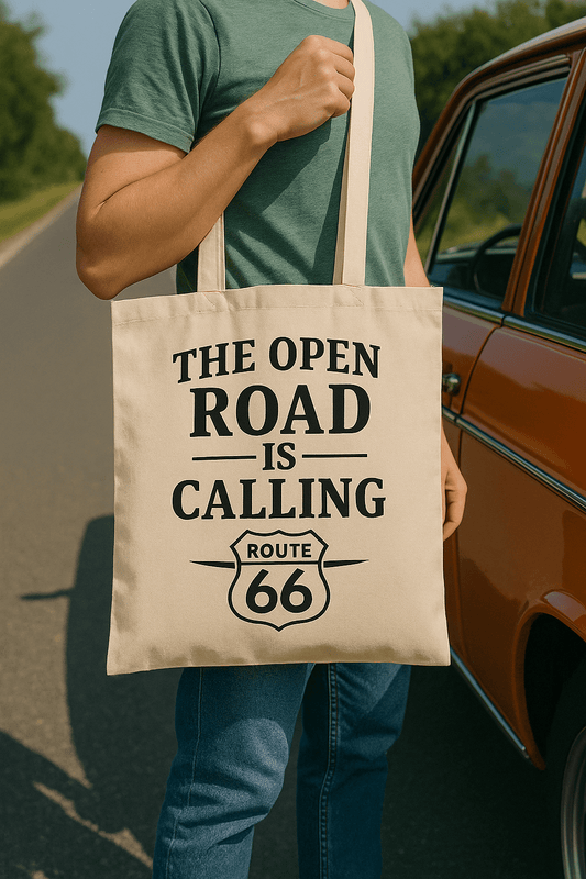 “The Open Road Is Calling” Tote Bag – Route 66 Adventure Series - Prairie Echo Collective